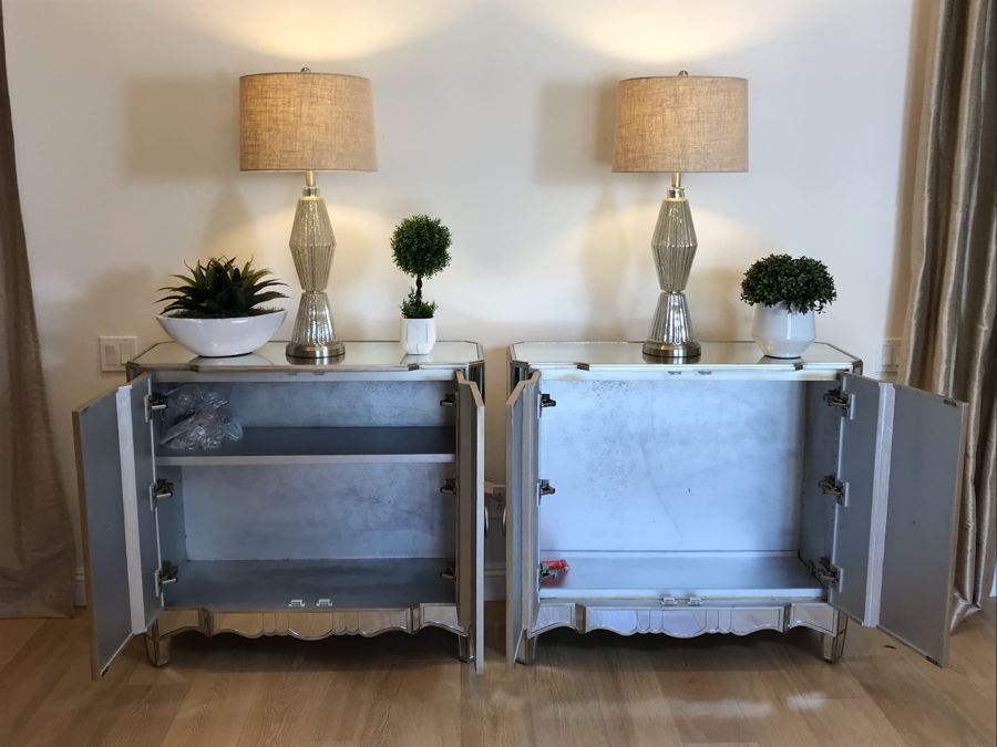 Mirrored Contemporary Side Cabinet Nightstands 40'W X 16'D X 36'H With Pair Of Glass Table Lamps And (3) Artificial Plants [Photo 3]