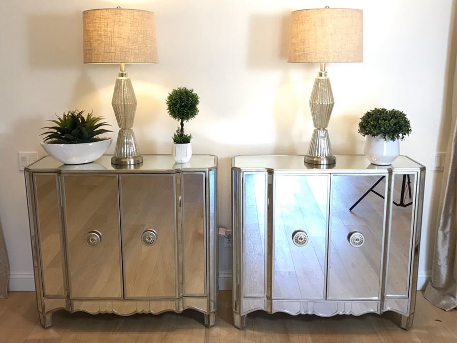 Mirrored Contemporary Side Cabinet Nightstands 40'W X 16'D X 36'H With Pair Of Glass Table Lamps And (3) Artificial Plants [Photo 6]