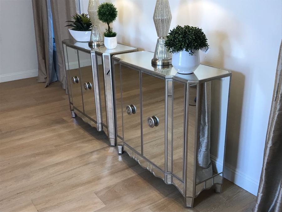 Mirrored Contemporary Side Cabinet Nightstands 40'W X 16'D X 36'H With Pair Of Glass Table Lamps And (3) Artificial Plants [Photo 2]