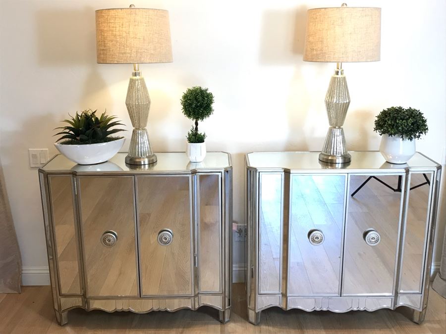 Mirrored Contemporary Side Cabinet Nightstands 40'W X 16'D X 36'H With Pair Of Glass Table Lamps And (3) Artificial Plants [Photo 5]