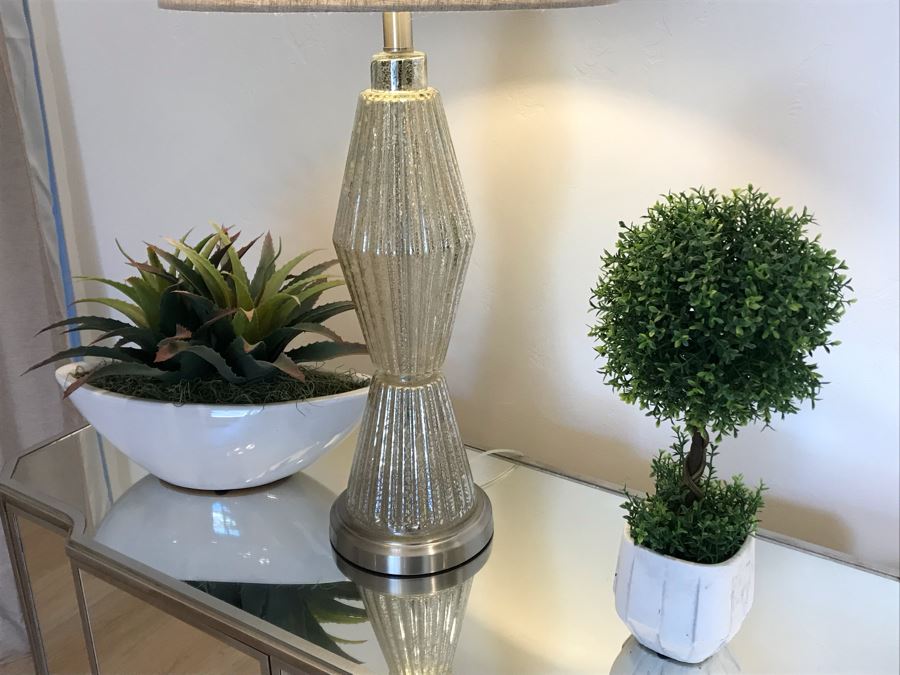 Mirrored Contemporary Side Cabinet Nightstands 40'W X 16'D X 36'H With Pair Of Glass Table Lamps And (3) Artificial Plants [Photo 8]