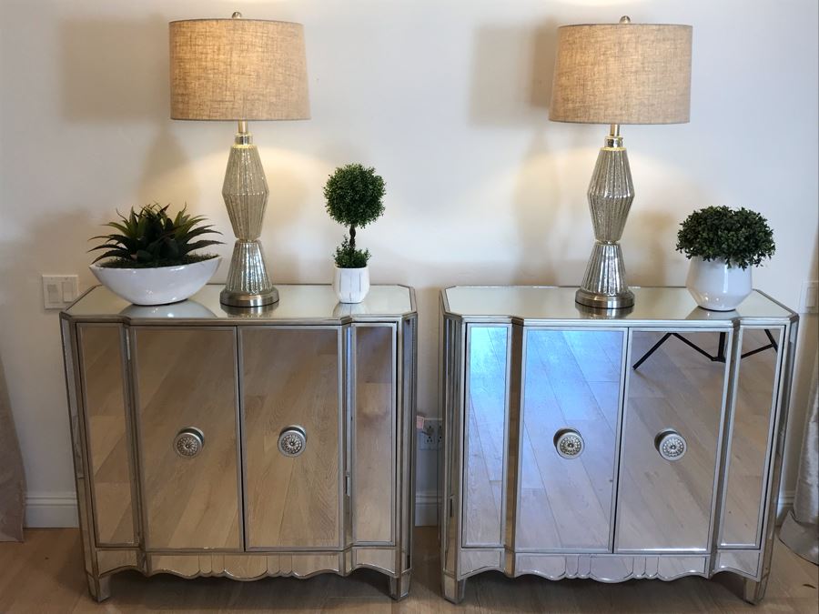 Mirrored Contemporary Side Cabinet Nightstands 40'W X 16'D X 36'H With Pair Of Glass Table Lamps And (3) Artificial Plants