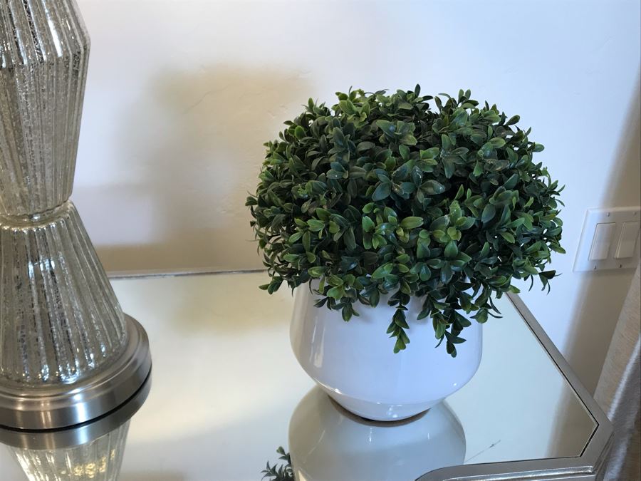 Mirrored Contemporary Side Cabinet Nightstands 40'W X 16'D X 36'H With Pair Of Glass Table Lamps And (3) Artificial Plants [Photo 9]