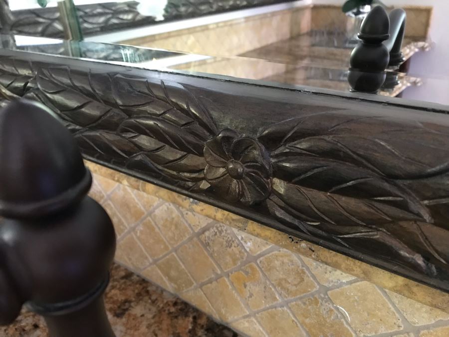 Beveled Glass Wall Mirror With Leaves Motif 44' X 59' [Photo 4]