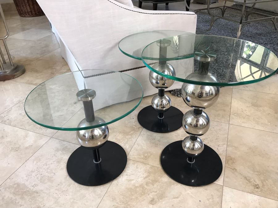 Set Of (3) Modern Chrome Ball And Glass Top Side Tables 18'W X 21.5 ...