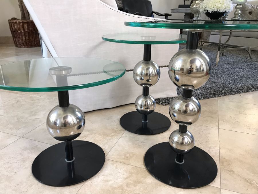 Set Of (3) Modern Chrome Ball And Glass Top Side Tables 18'W X 21.5' Tallest [Photo 4]