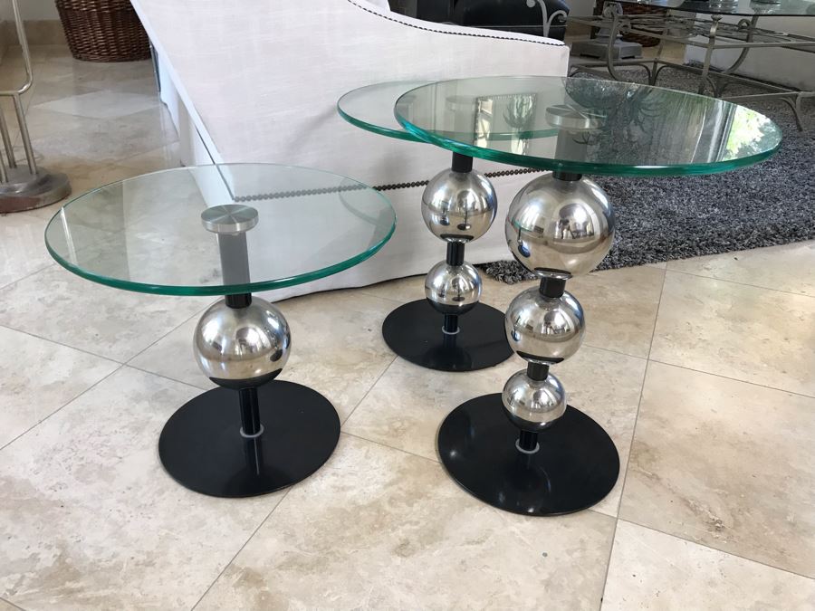 Set Of (3) Modern Chrome Ball And Glass Top Side Tables 18'W X 21.5' Tallest [Photo 2]