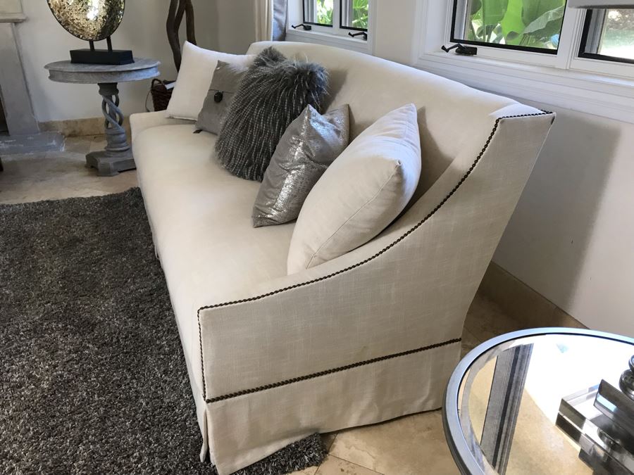 Classy Contemporary White Cream Sofa With Brass Nailheads And Five Throw Pillows 8'W X 37'D X 35'H [Photo 4]