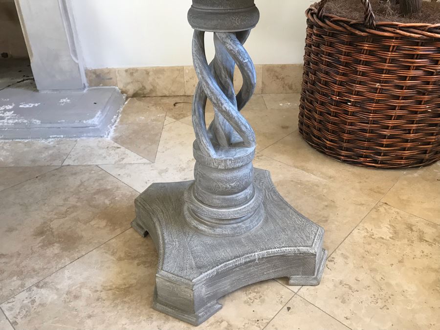 Wooden Grey Tone Pedestal Table With Twisted Wooden Pedestal Base 30'W X 29.5'H [Photo 6]