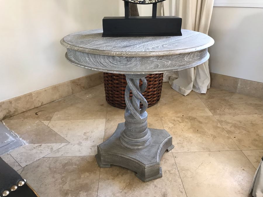 Wooden Grey Tone Pedestal Table With Twisted Wooden Pedestal Base 30'W X 29.5'H [Photo 2]