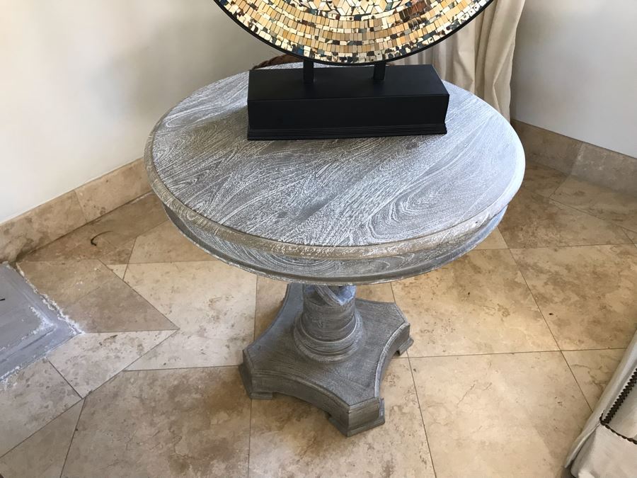 Wooden Grey Tone Pedestal Table With Twisted Wooden Pedestal Base 30'W X 29.5'H [Photo 4]