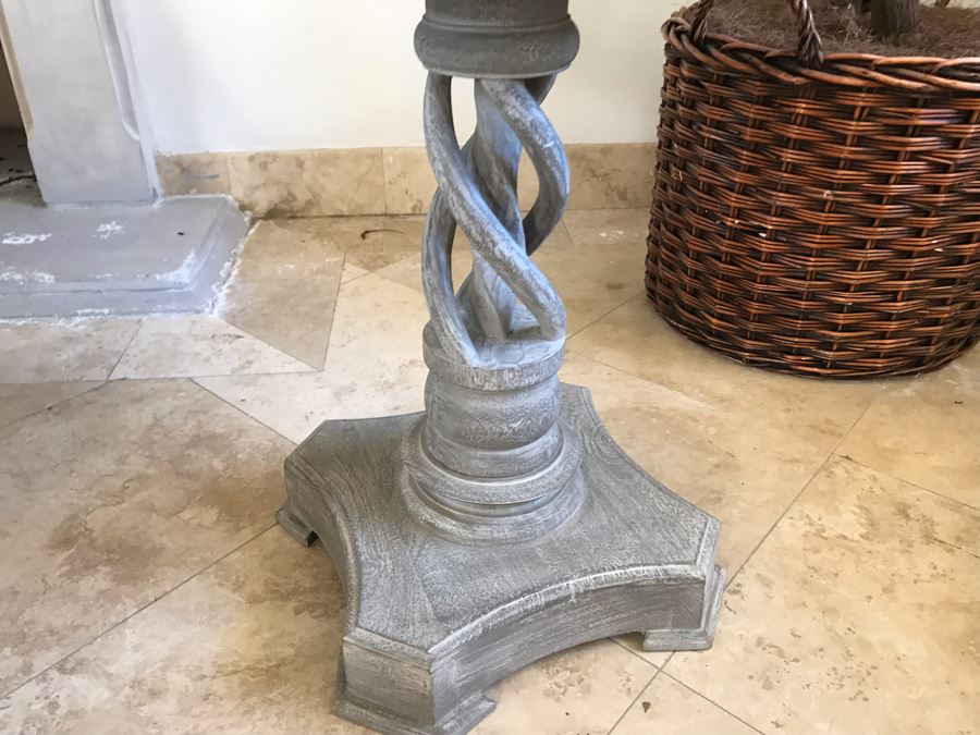 Wooden Grey Tone Pedestal Table With Twisted Wooden Pedestal Base 30'W X 29.5'H [Photo 5]