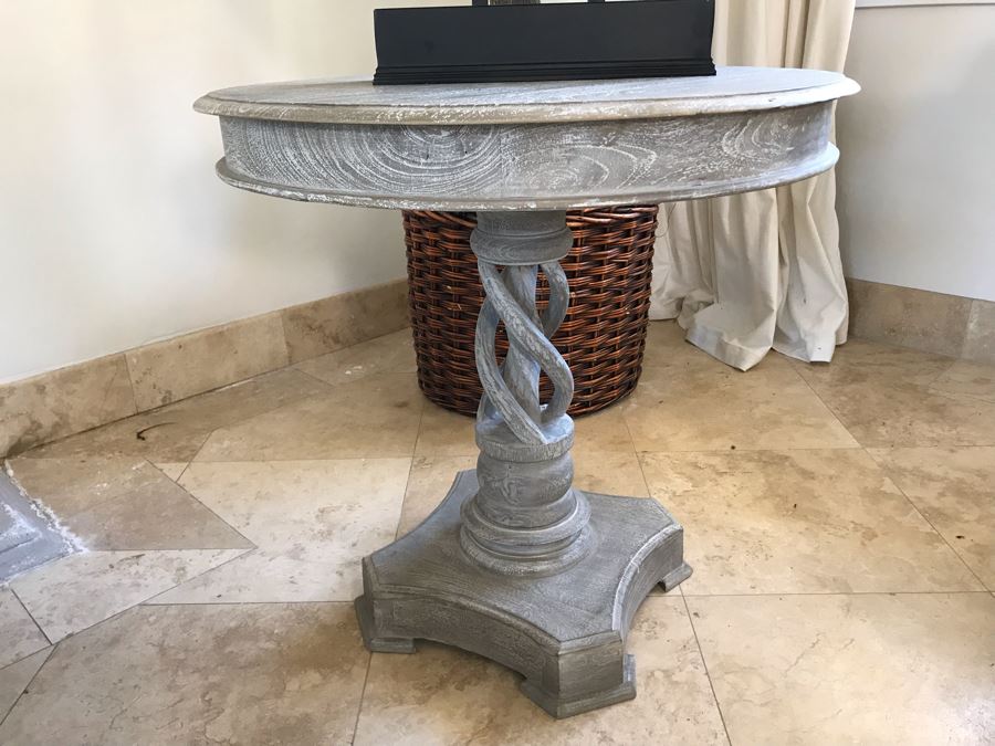 Wooden Grey Tone Pedestal Table With Twisted Wooden Pedestal Base 30'W X 29.5'H [Photo 3]