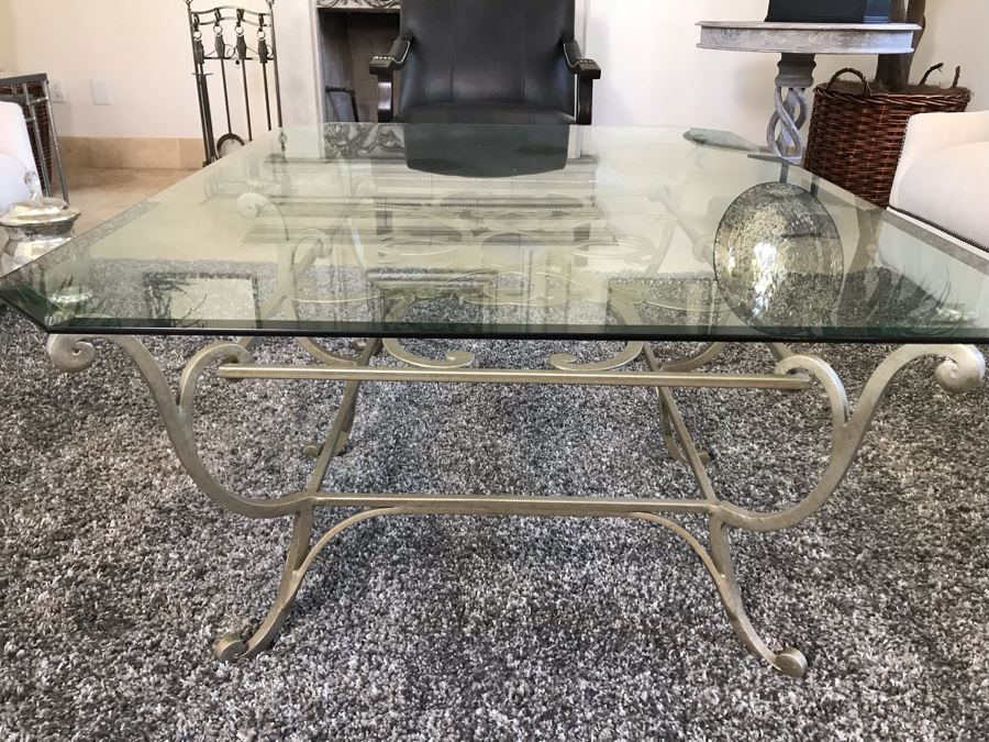 Elegant Grey Metal Ornamental Base Coffee Table With Glass Top 40' X 53' X 20.5'H [Photo 6]