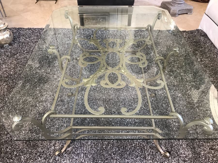 Elegant Grey Metal Ornamental Base Coffee Table With Glass Top 40' X 53' X 20.5'H [Photo 2]
