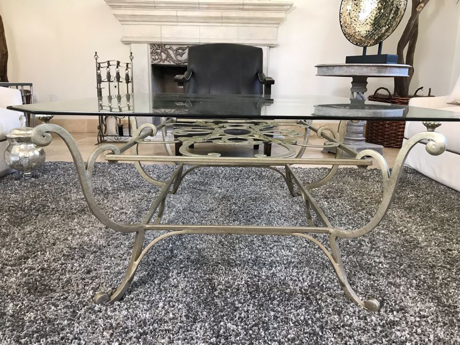 Elegant Grey Metal Ornamental Base Coffee Table With Glass Top 40' X 53' X 20.5'H [Photo 5]