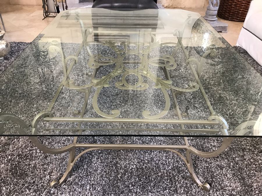 Elegant Grey Metal Ornamental Base Coffee Table With Glass Top 40' X 53' X 20.5'H [Photo 3]