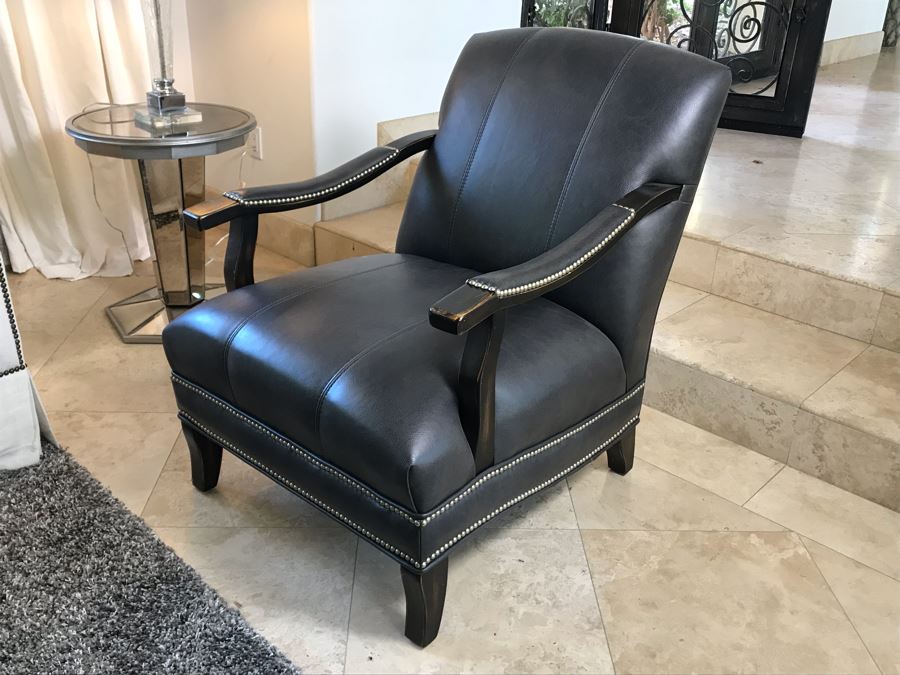Elegant Black Leather Armchair With Silver Nailheads