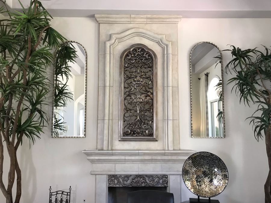 Pair Of Stunning Arched Silver Tone Beveled Glass Wall Mirrors - Does Not Include Mirror In Center 24'W X 72'H [Photo 2]