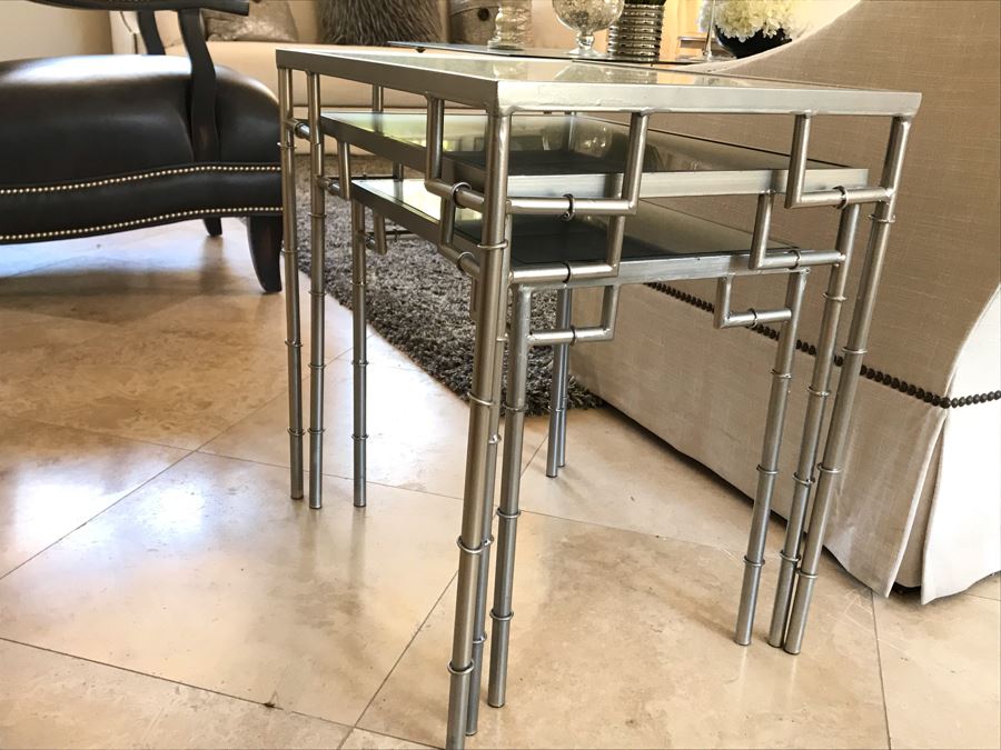 Set Of (3) Metal Faux Bamboo Silver Tone Nesting Tables With Mirrored Tops 16' X 22' X 22'H [Photo 4]