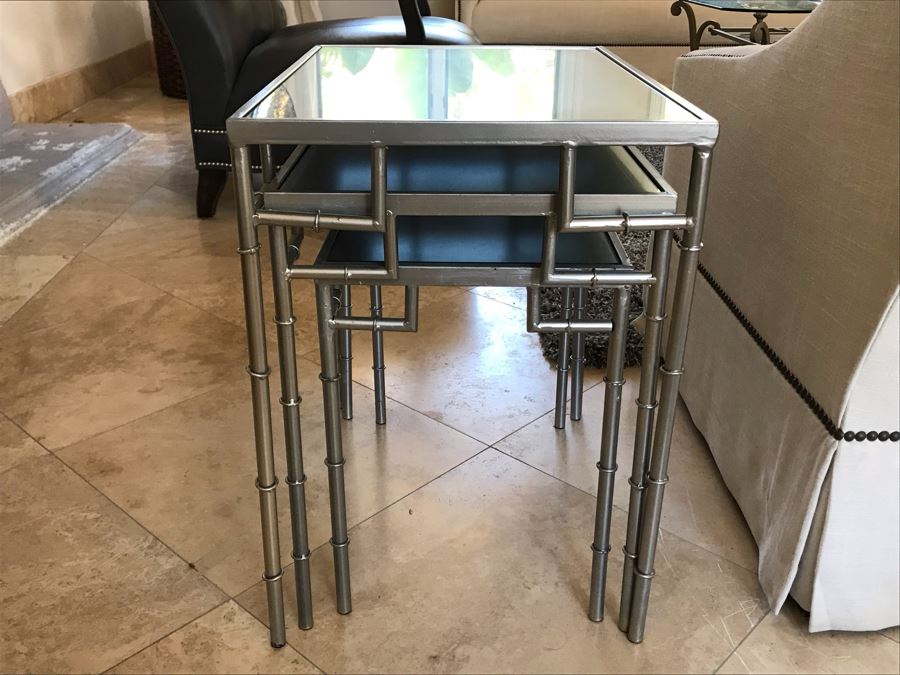Set Of (3) Metal Faux Bamboo Silver Tone Nesting Tables With Mirrored Tops 16' X 22' X 22'H [Photo 3]