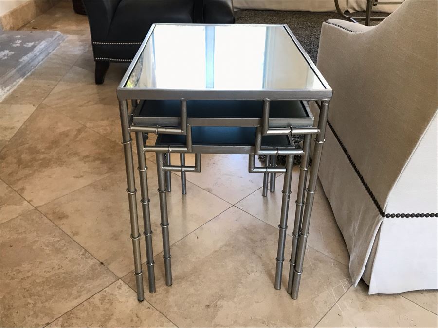 Set Of (3) Metal Faux Bamboo Silver Tone Nesting Tables With Mirrored Tops 16' X 22' X 22'H [Photo 2]