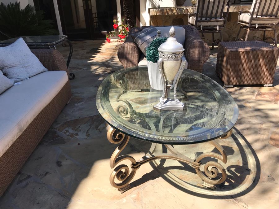 Weathered Outdoor Furniture: Faux Wicker Set With (4) Armchairs, Sofa, End Table And Oversized Chaise Lounge Chair Plus (3) Glass Top Metal Base Tables And (2) Swivel Bar Stools - See Photos [Photo 12]