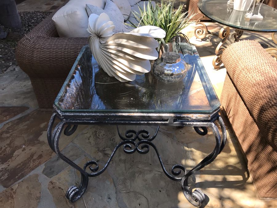 Weathered Outdoor Furniture: Faux Wicker Set With (4) Armchairs, Sofa, End Table And Oversized Chaise Lounge Chair Plus (3) Glass Top Metal Base Tables And (2) Swivel Bar Stools - See Photos [Photo 11]