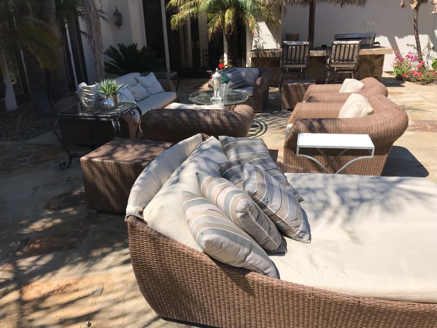 Weathered Outdoor Furniture: Faux Wicker Set With (4) Armchairs, Sofa, End Table And Oversized Chaise Lounge Chair Plus (3) Glass Top Metal Base Tables And (2) Swivel Bar Stools - See Photos [Photo 5]