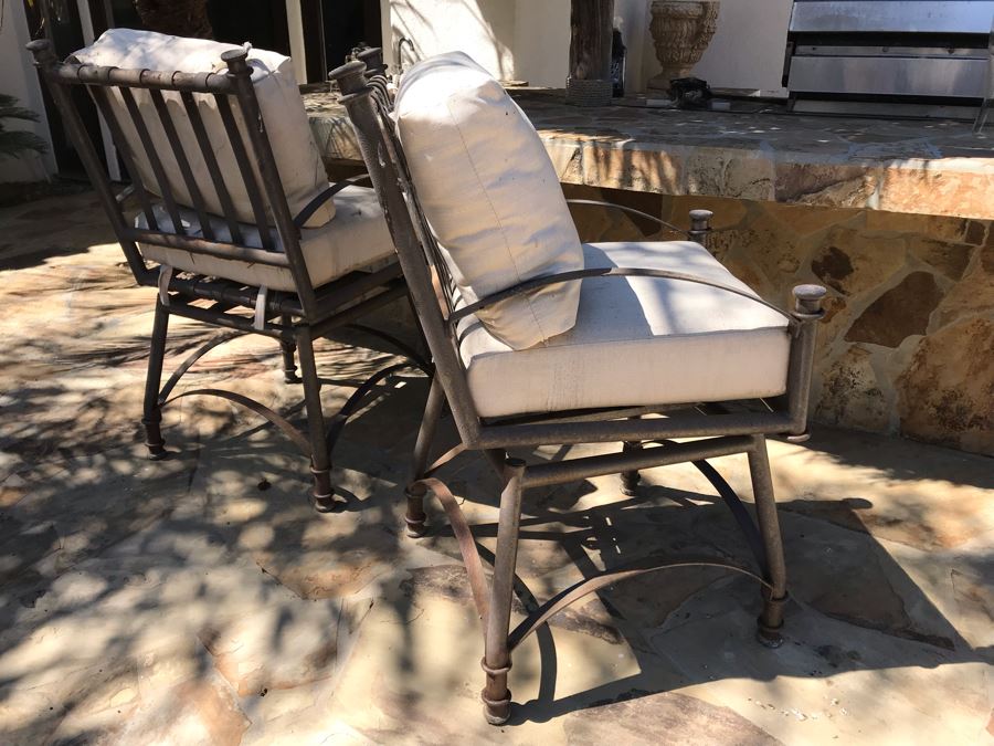 Weathered Outdoor Furniture: Faux Wicker Set With (4) Armchairs, Sofa, End Table And Oversized Chaise Lounge Chair Plus (3) Glass Top Metal Base Tables And (2) Swivel Bar Stools - See Photos [Photo 16]