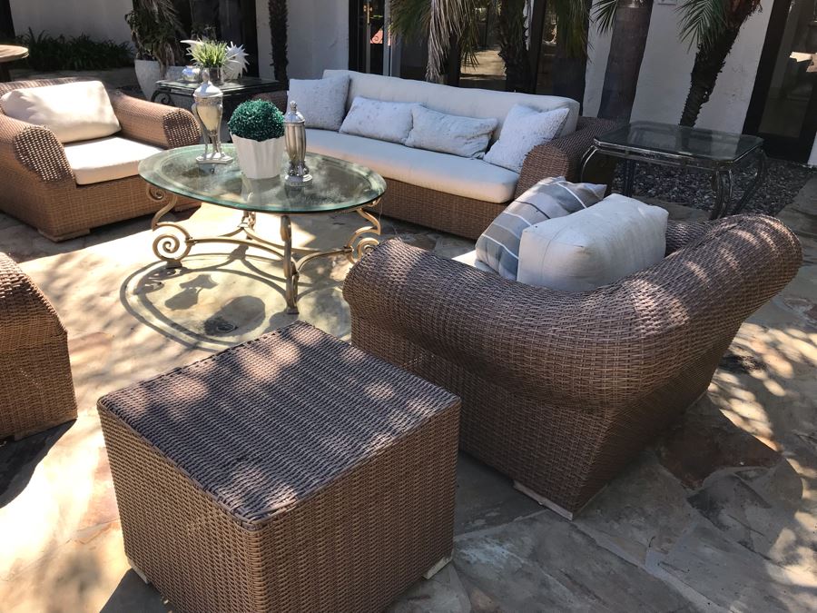 Weathered Outdoor Furniture: Faux Wicker Set With (4) Armchairs, Sofa, End Table And Oversized Chaise Lounge Chair Plus (3) Glass Top Metal Base Tables And (2) Swivel Bar Stools - See Photos [Photo 7]