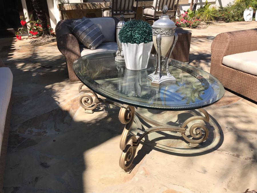 Weathered Outdoor Furniture: Faux Wicker Set With (4) Armchairs, Sofa, End Table And Oversized Chaise Lounge Chair Plus (3) Glass Top Metal Base Tables And (2) Swivel Bar Stools - See Photos [Photo 13]