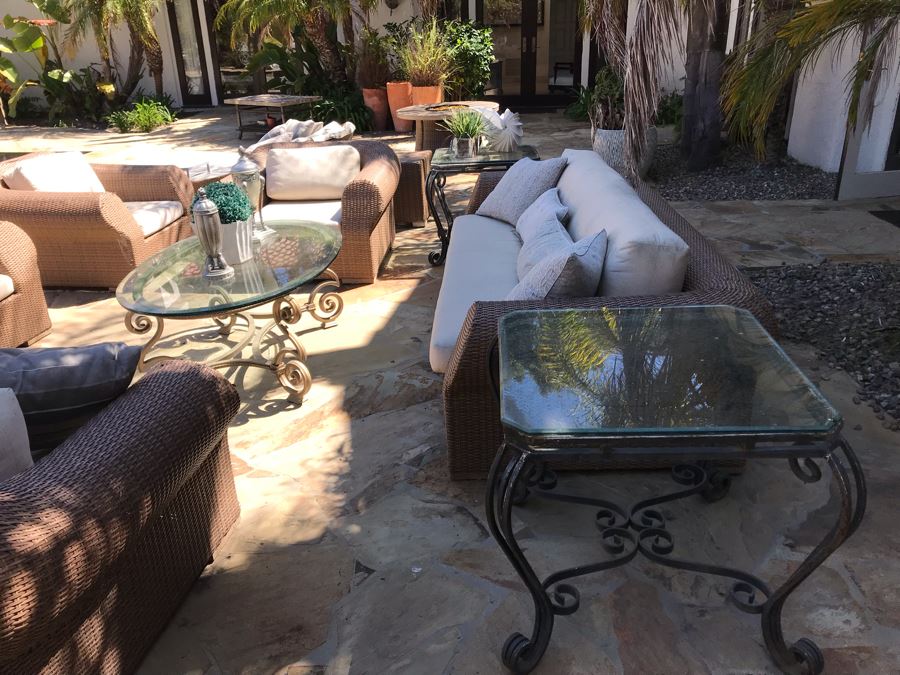 Weathered Outdoor Furniture: Faux Wicker Set With (4) Armchairs, Sofa, End Table And Oversized Chaise Lounge Chair Plus (3) Glass Top Metal Base Tables And (2) Swivel Bar Stools - See Photos [Photo 8]