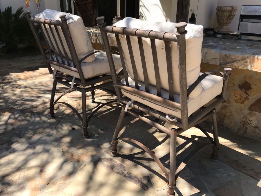 Weathered Outdoor Furniture: Faux Wicker Set With (4) Armchairs, Sofa, End Table And Oversized Chaise Lounge Chair Plus (3) Glass Top Metal Base Tables And (2) Swivel Bar Stools - See Photos [Photo 15]