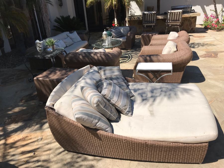 Weathered Outdoor Furniture: Faux Wicker Set With (4) Armchairs, Sofa, End Table And Oversized Chaise Lounge Chair Plus (3) Glass Top Metal Base Tables And (2) Swivel Bar Stools - See Photos [Photo 4]