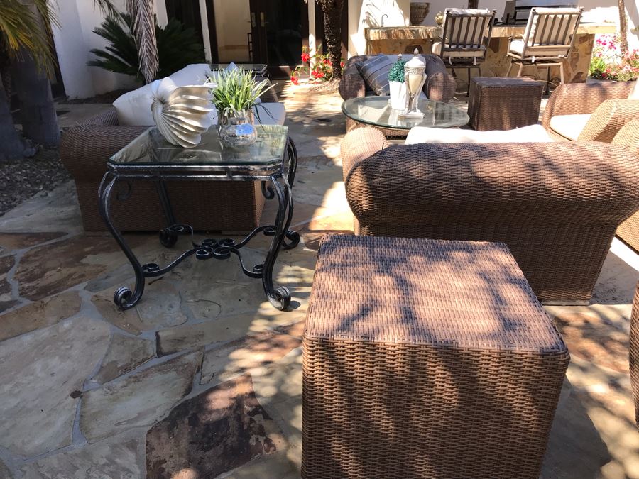 Weathered Outdoor Furniture: Faux Wicker Set With (4) Armchairs, Sofa, End Table And Oversized Chaise Lounge Chair Plus (3) Glass Top Metal Base Tables And (2) Swivel Bar Stools - See Photos [Photo 10]