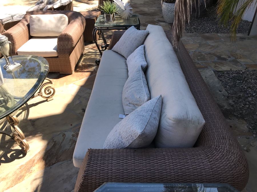 Weathered Outdoor Furniture: Faux Wicker Set With (4) Armchairs, Sofa, End Table And Oversized Chaise Lounge Chair Plus (3) Glass Top Metal Base Tables And (2) Swivel Bar Stools - See Photos [Photo 9]