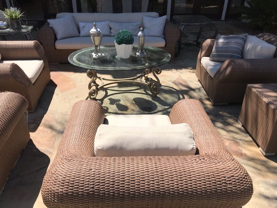 Weathered Outdoor Furniture: Faux Wicker Set With (4) Armchairs, Sofa, End Table And Oversized Chaise Lounge Chair Plus (3) Glass Top Metal Base Tables And (2) Swivel Bar Stools - See Photos [Photo 6]