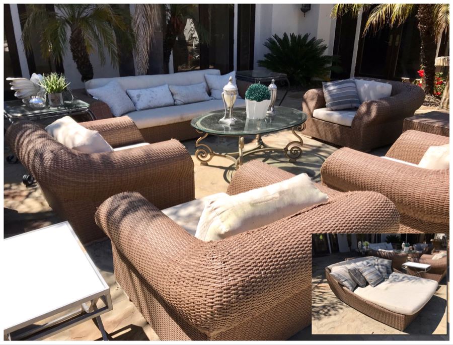 Weathered Outdoor Furniture: Faux Wicker Set With (4) Armchairs, Sofa, End Table And Oversized Chaise Lounge Chair Plus (3) Glass Top Metal Base Tables And (2) Swivel Bar Stools - See Photos