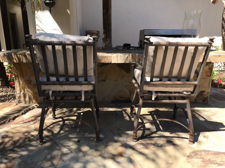 Weathered Outdoor Furniture: Faux Wicker Set With (4) Armchairs, Sofa, End Table And Oversized Chaise Lounge Chair Plus (3) Glass Top Metal Base Tables And (2) Swivel Bar Stools - See Photos [Photo 14]