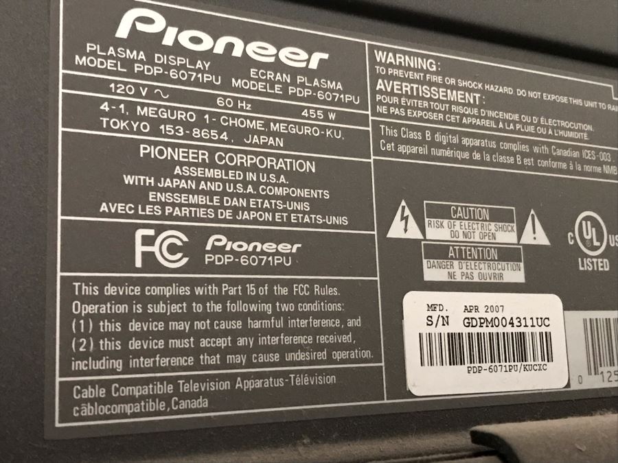 Pioneer 60' Flat Panel Plasma TV Model PDP-6071PU With Metal Wall Bracket [Photo 13]