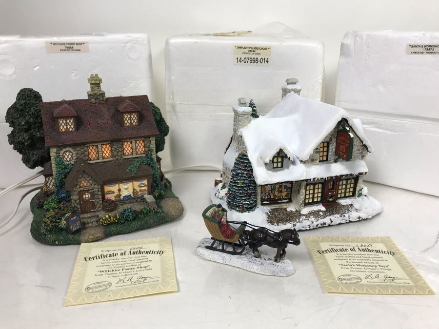 (3) Thomas Kinkade Hawthorne Village Limited Edition Villages - Sealed Lamplight Village School, Santa's Workshop Toys, Wiltshire Pastry Shop [Photo 2]