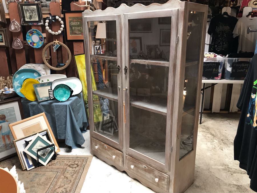 Shabby Chic Wooden Display Cabinet With Front And Side Glass Panels Plus 2-Bottom Drawers [Photo 1]