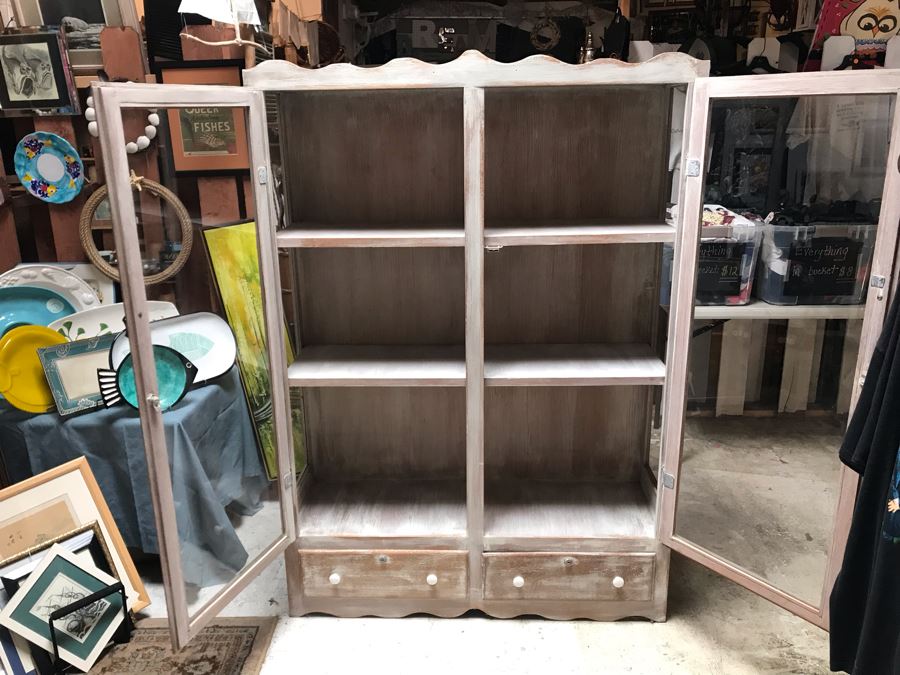 Shabby Chic Wooden Display Cabinet With Front And Side Glass Panels Plus 2-Bottom Drawers [Photo 5]