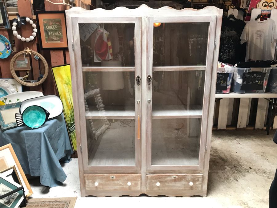 Shabby Chic Wooden Display Cabinet With Front And Side Glass Panels Plus 2-Bottom Drawers [Photo 3]
