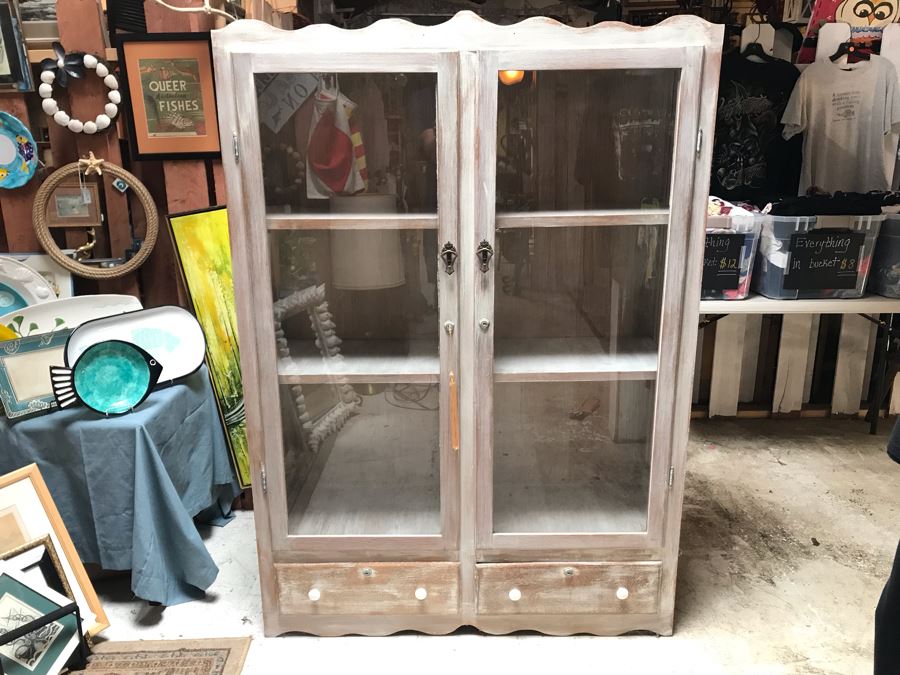 Shabby Chic Wooden Display Cabinet With Front And Side Glass Panels Plus 2-Bottom Drawers [Photo 2]