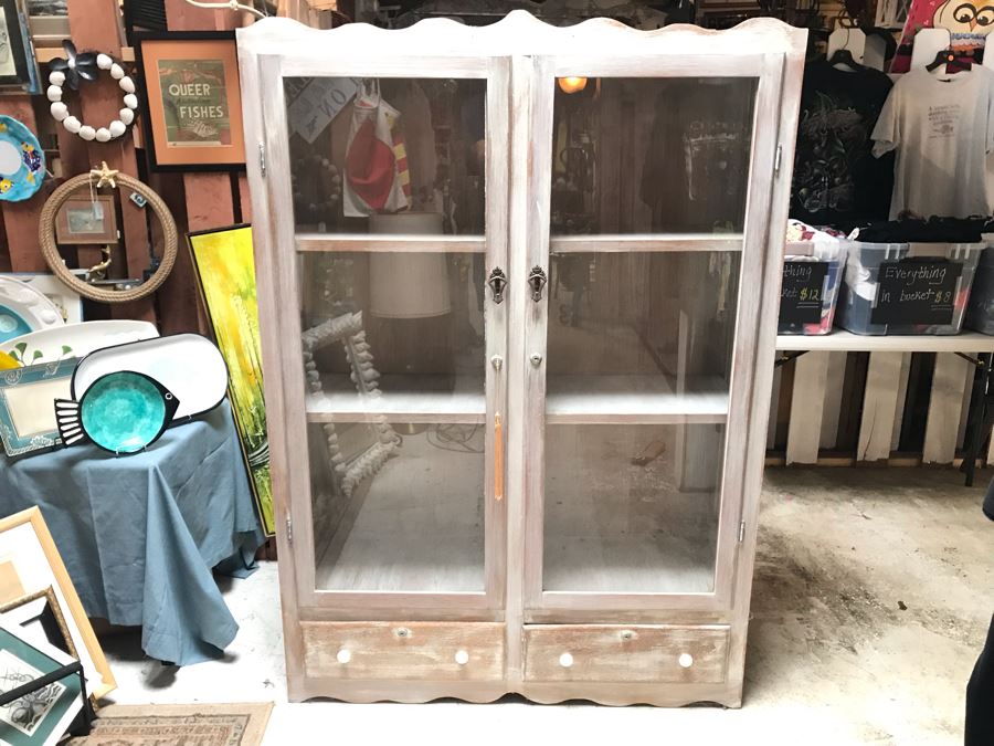 Shabby Chic Wooden Display Cabinet With Front And Side Glass Panels Plus 2-Bottom Drawers [Photo 4]