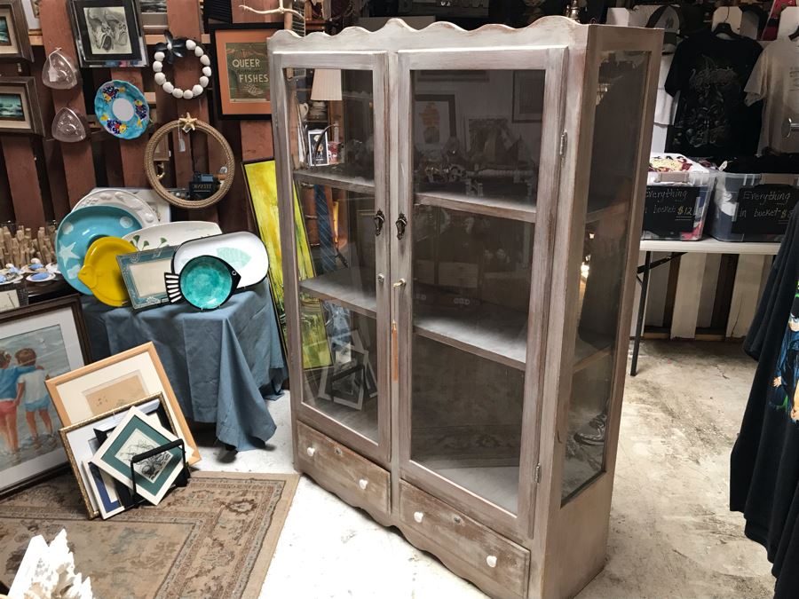 Shabby Chic Wooden Display Cabinet With Front And Side Glass Panels Plus 2-Bottom Drawers [Photo 9]