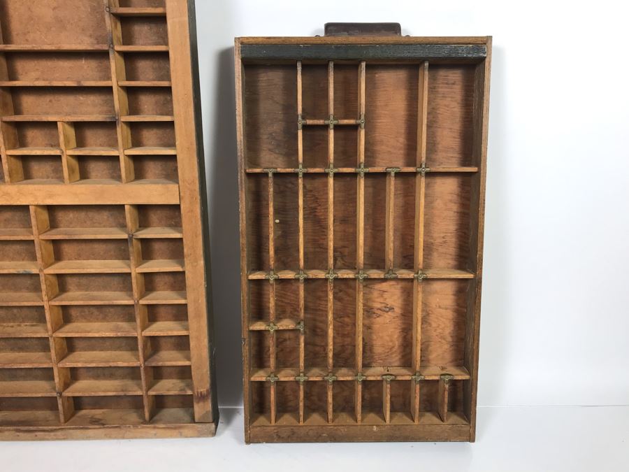 (2) Vintage Hanging Printer Drawers Letterpress Trays Wall Display - One With Disneyland Price Tag 32 X 17 And 17 X 10 [Photo 2]