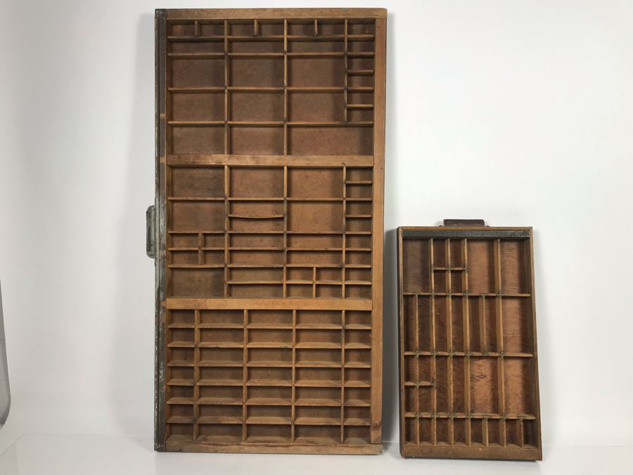 (2) Vintage Hanging Printer Drawers Letterpress Trays Wall Display - One With Disneyland Price Tag 32 X 17 And 17 X 10